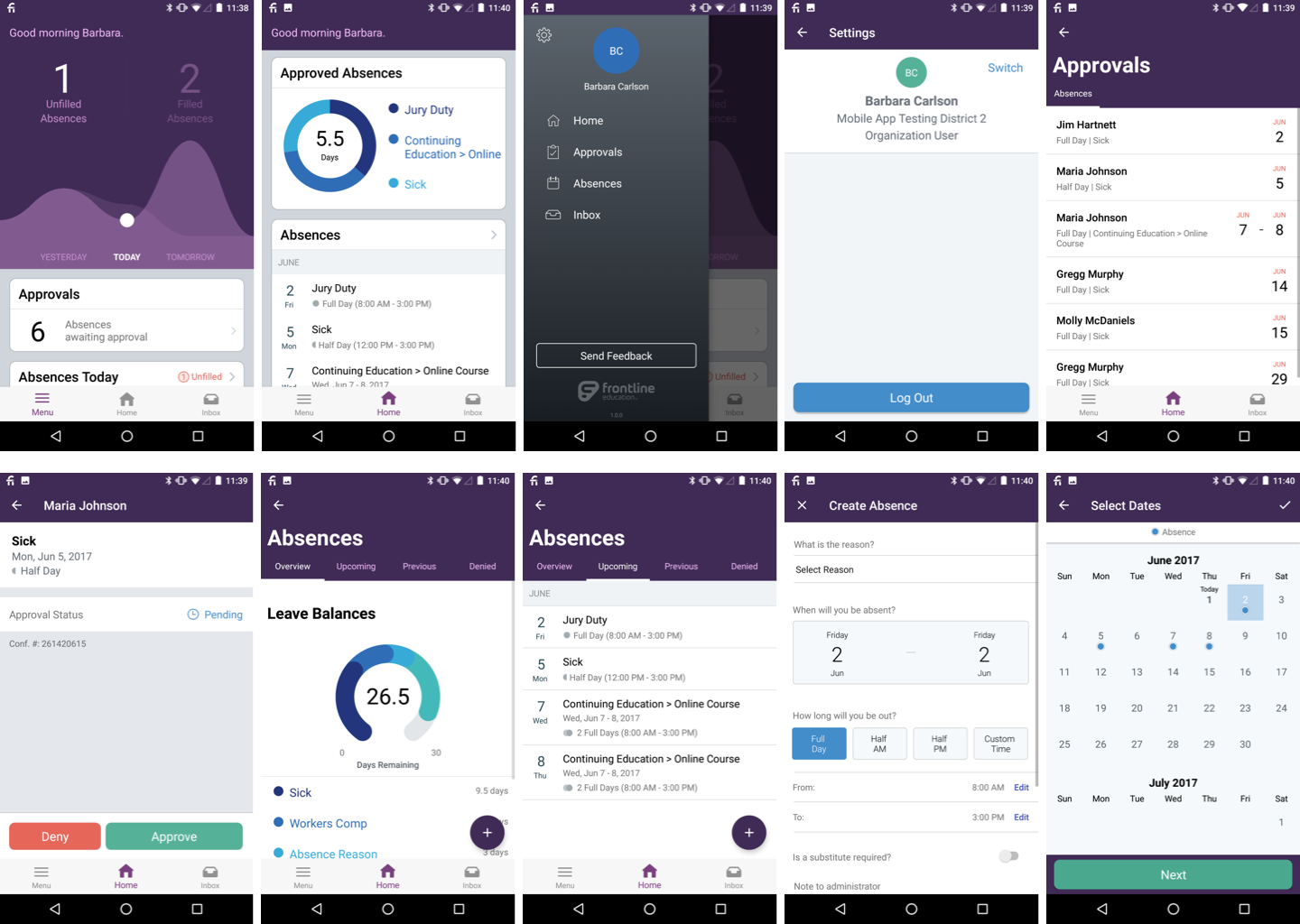 A grid of 10 user interface mockups for the Frontline Education mobile app
